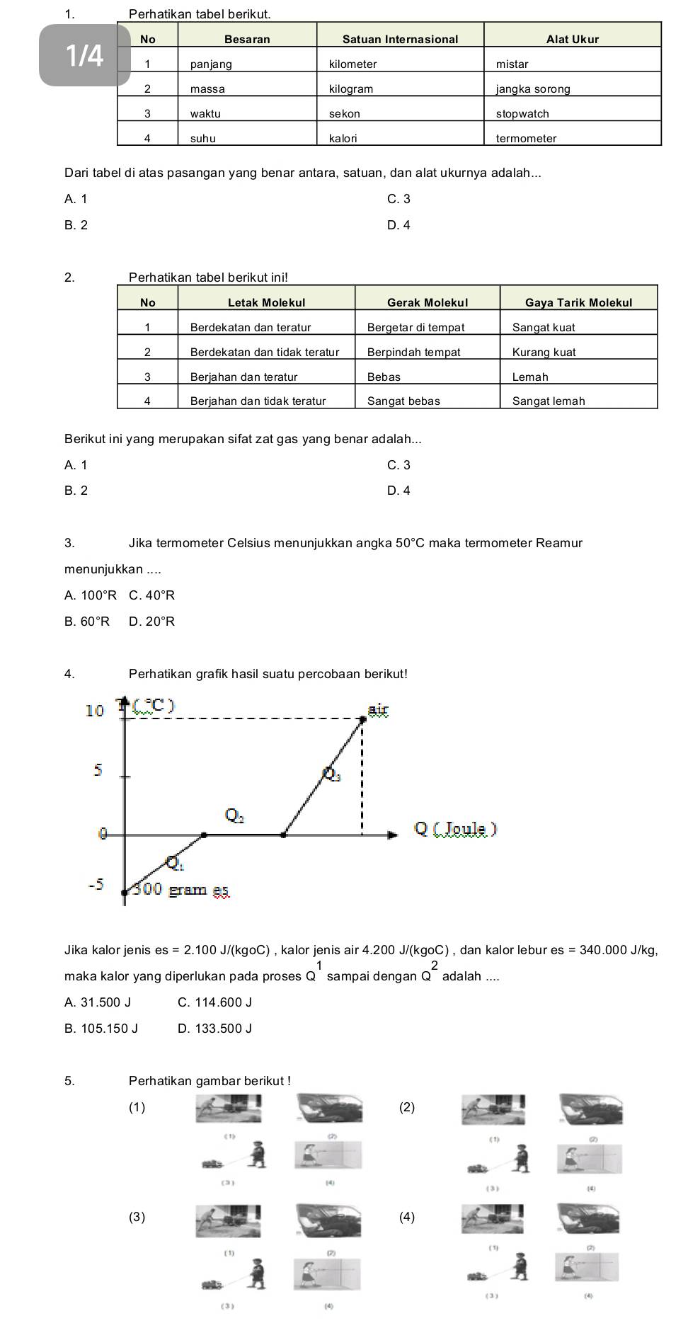 1
1
Dari tabel di atas pasangan yang benar antara, satuan, dan alat ukurnya adalah.
A. 1 C. 3
B. 2 D. 4
2
Berikut ini yang merupakan sifat zat gas yang benar adalah...
A. 1 C. 3
B. 2 D. 4
3. Jika termometer Celsius menunjukkan angka 50°C maka termometer Reamur
menunjukkan ....
A. 100°R C.40°R
B. 60°R D. 20°R
4. Perhatikan grafik hasil suatu percobaan berikut!
Jika kalor jenis es=2.100 J/(kgoC) , kalor jenis air 4.200 J/(kgoC) , dan kalor lebur es=340.000 J/kg,
maka kalor yang diperlukan pada proses Q^1 sampai dengan Q^2 adalah
A. 31.500 J C. 114.600 J
B. 105.150 J D. 133.500 J
5. Perhatikan gambar berikut !
(1) (2)
( 1)
(3) 14
(3) (4
(3) (4)
( 1) ( 1)
(3) (4)
(3) (4)