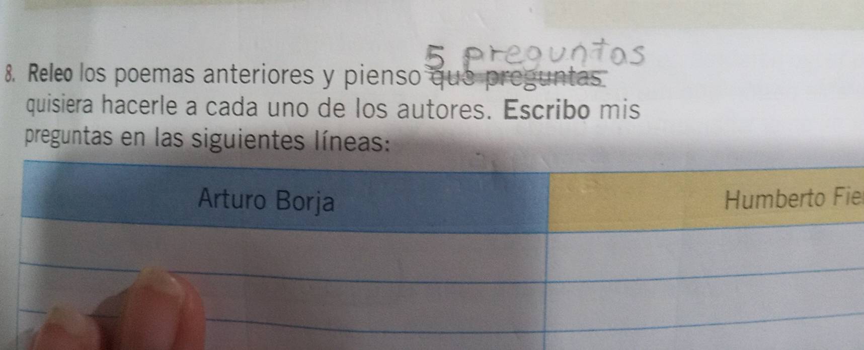 Releo los poemas anteriores y pienso que preguntas 
quisiera hacerle a cada uno de los autores. Escribo mis 
preguntas en las siguientes líneas: 
e