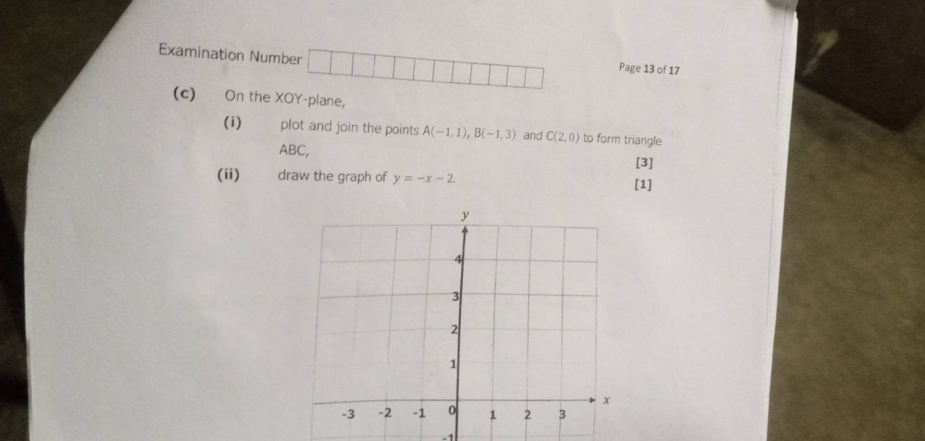 Examination Number 
Page 13 of 17 
(c) On the XOY -plane, 
(i) plot and join the points A(-1,1), B(-1,3) and C(2,0) to form triangle
ABC, 
[3] 
(ii) draw the graph of y=-x-2. 
[1]
-1