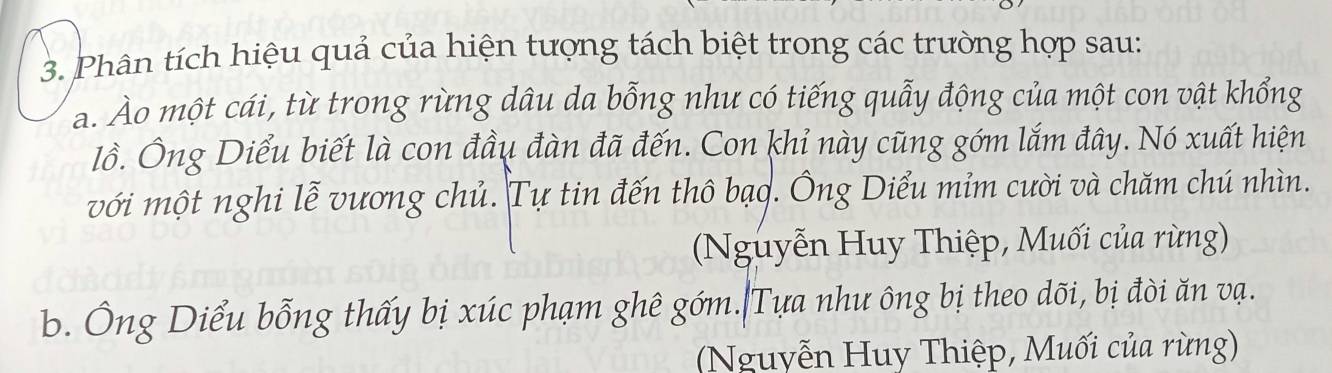 Phân tích hiệu quả của hiện tượng tách biệt trong các trường hợp sau: 
a. Ảo một cái, từ trong rừng dâu da bỗng như có tiếng quẫy động của một con vật khổng 
Iồ. Ông Diểu biết là con đầu đàn đã đến. Con khỉ này cũng gớm lắm đây. Nó xuất hiện 
với một nghi lễ vương chủ. Tự tin đến thô bạo. Ông Diểu mỉm cười và chăm chú nhìn. 
(Nguyễn Huy Thiệp, Muối của rừng) 
b. Ông Diểu bỗng thấy bị xúc phạm ghê gớm.|Tựa như ông bị theo dõi, bị đòi ăn vạ. 
(Nguyễn Huy Thiệp, Muối của rừng)