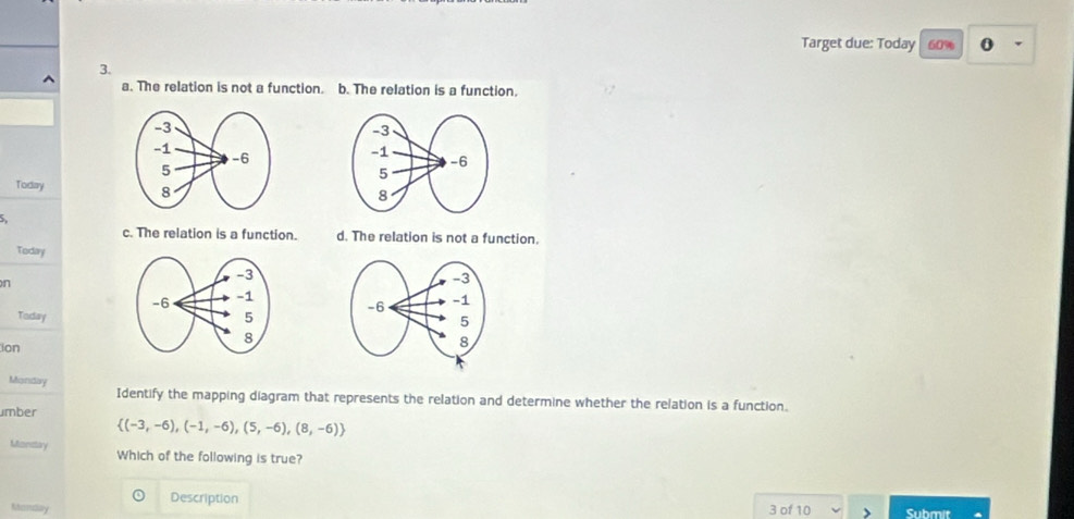 Target due: Today 60% 0
3.
A a. The relation is not a function. b. The relation is a function.
Today 
5.
c. The relation is a function. d. The relation is not a function.
Today
n
Today 
ion
Monday Identify the mapping diagram that represents the relation and determine whether the relation is a function.
mber
 (-3,-6),(-1,-6),(5,-6),(8,-6)
Monsay Which of the following is true?
Description
Nteronclavy 3 of 10 Submit