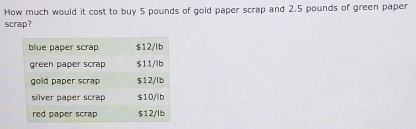 How much would it cost to buy 5 pounds of gold paper scrap and 2.5 pounds of green paper 
scrap?