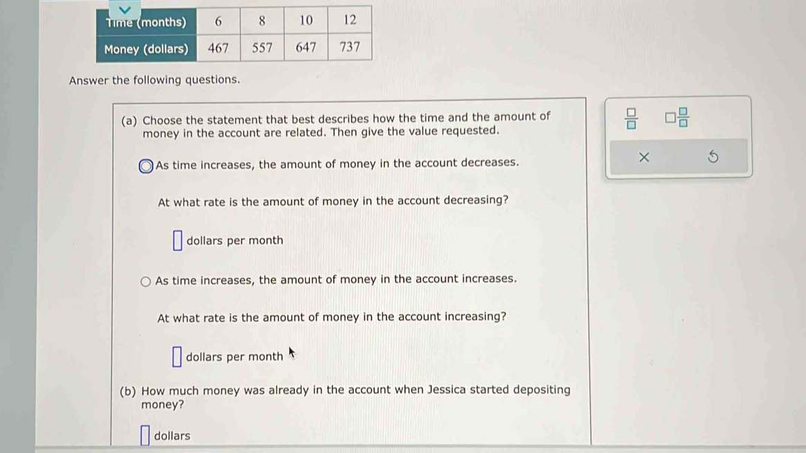 Answer the following questions.
(a) Choose the statement that best describes how the time and the amount of
 □ /□   □  □ /□  
money in the account are related. Then give the value requested.
As time increases, the amount of money in the account decreases.
× S
At what rate is the amount of money in the account decreasing?
dollars per month
As time increases, the amount of money in the account increases.
At what rate is the amount of money in the account increasing?
dollars per month
(b) How much money was already in the account when Jessica started depositing
money?
dollars