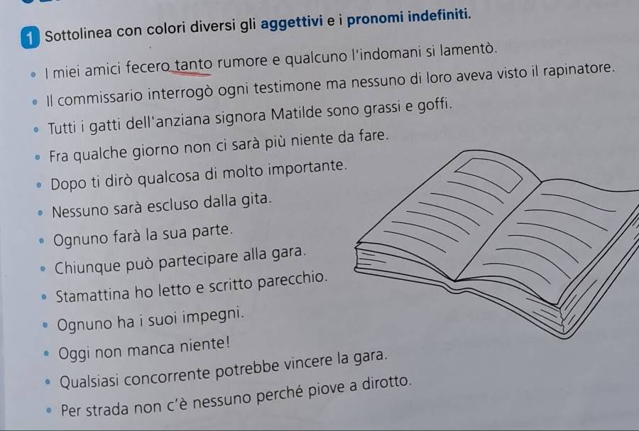 Sottolinea con colori diversi gli aggettivi e i pronomi indefiniti. 
I miei amici fecero tanto rumore e qualcuno l'indomani si lamentò. 
Il commissario interrogò ogni testimone ma nessuno di loro aveva visto il rapinatore. 
Tutti i gatti dell'anziana signora Matilde sono grassi e goffi. 
Fra qualche giorno non ci sarà più niente da fare. 
Dopo ti dirò qualcosa di molto important 
Nessuno sarà escluso dalla gita. 
Ognuno farà la sua parte. 
Chiunque può partecipare alla gara. 
Stamattina ho letto e scritto parecchio. 
Ognuno ha i suoi impegni. 
Oggi non manca niente! 
Qualsiasi concorrente potrebbe vincere la gara. 
Per strada non c’è nessuno perché piove a dirotto.