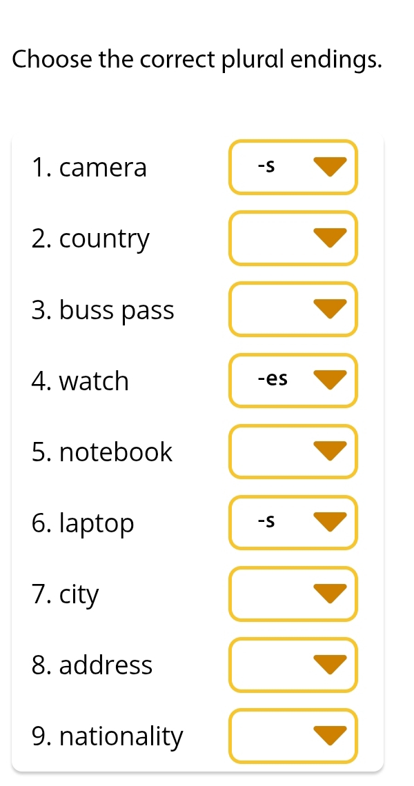 Choose the correct plural endings. 
1. camera -s 
2. country 
3. buss pass 
4. watch -es 
5. notebook 
6. laptop 
-s 
7. city 
8. address 
9. nationality