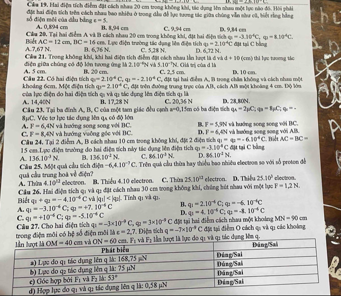 _ MLI.1010CL D. |q|=2,6,10°C.
Câu 19. Hai điện tích điểm đặt cách nhau 20 cm trong không khí, tác dụng lên nhau một lực nào đó. Hỏi phải
đặt hai điện tích trên cách nhau bao nhiêu ở trong dầu để lực tương tác giữa chúng vẫn như cũ, biết rằng hằng
số điện môi của dầu bằng varepsilon =5.
A. 0,894 cm B. 8,94 cm C. 9,94 cm D. 9,84 cm
Câu 20. Tại hai điểm A và B cách nhau 20 cm trong không khí, đặt hai điện tích q_1=-3.10^(-6)C,q_2=8.10^(-6)C.
Biết AC=12cm,BC=16cm. Lực điện trường tác dụng lên điện tích q_3=2.10^(-6)C đặt tại C bằng
A.7,67 N. B. 6,76 N. C. 5,28 N. D. 6,72 N.
Câu 21. Trong không khí, khi hai điện tích điểm đặt cách nhau lần lượt là d và d+10 (cm) thì lực tưorng tác
điện giữa chúng có độ lớn tương ứng là 2.10^(-6)N và 5.10^(-7)N. Giá trị của d là
A. 5 cm. B. 20 cm. C. 2,5 cm. D. 10 cm.
Câu 22. Có hai điện tích q_1=2.10^(-6)C, q_2=-2.10^(-6)C C, đặt tại hai điểm A, B trong chân không và cách nhau một
khoảng 6cm. Một điện tích q_3=2.10^(-6)C , đặt trên đường trung trực của AB, cách AB một khoảng 4 cm. Độ lớn
của lực điện do hai điện tích q1 và q2 tác dụng lên điện tích q3 là
A. 14,40N B. 17,28 N C. 20,36 N D. 28,80N.
Câu 23. Tại ba đinh A, B, C của một tam giác đều cạnh a=0,15m có ba điện tích q_A=2mu C;q_B=8mu C;q_c=-
8μC. Véc tơ lực tác dụng lên qã có độ lớn
A. F=6,4N và hướng song song với BC. B. F=5,9N và hướng song song với BC.
C. F=8, 4N và hướng vuông góc với BC. D. F=6,4N và hướng song song với AB.
Câu 24. Tại 2 điểm A, B cách nhau 10 cm trong không khí, đặt 2 điện tích q_1=q_2=-6.10^(-6)C.. Biết AC=BC=
15 cm.Lực điện trường do hai điện tích này tác dụng lên điện tích q_3=-3.10^(-8)C đặt tại C bằng
A. 136.10^(-3)N. B. 136.10^(-2)N. C. 86.10^(-3)N. D. 86.10^(-2)N.
Câu 25. Một quả cầu tích điện -6,4.10^(-7)C. Trên quả cầu thừa hay thiếu bao nhiêu electron so với số proton đề
quả cầu trung hoà về điện? electron.
A. Thừa 4.10^(12) electron. B. Thiếu 4.10 electron. C. Thừa 25.10^(12) electron. D. Thiếu 25.10^3
Câu 26. Hai điện tích q1 và q2 đặt cách nhau 30 cm trong không khí, chúng hút nhau với một lực F=1,2N.
Biết q_1+q_2=-4.10^(-6)C và |q_1| . Tính q1 và q2.
A. q_1=-3.10^(-6)C;q_2=+7.10^(-6)C
B. q_1=2.10^(-6)C;q_2=-6.10^(-6)C
C. q_1=+10^(-6)C;q_2=-5.10^(-6)C
D. q_1=4.10^(-6)C;q_2=-8.10^(-6)C
Câu 27. Cho hai điện tích q_1=-3* 10^(-9)C,q_2=3* 10^(-9)C đặt tại hai điểm cách nhau một khoảng MN=90cm
trong điện môi có hệ số điện môi varepsilon =2,7 Điện tích q=-7* 10^(-9)C đặt tại điểm O cách q1 và q2 các khoảng
do q1 và q2 tác dụng lên q.