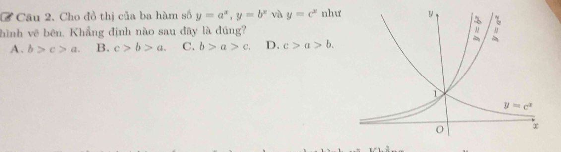 Ở Câu 2. Cho đồ thị của ba hàm số y=a^x,y=b^x và y=c^x như
hình vẽ bên. Khẳng định nào sau đây là đúng?
A、 b>c>a. B. c>b>a. C. b>a>c. D. c>a>b.