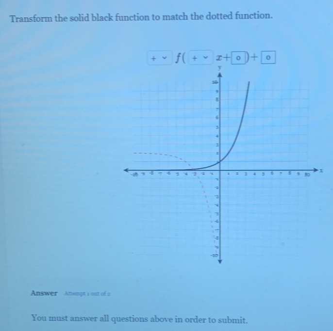 Transform the solid black function to match the dotted function.
+v f(+vx+0)+0
x
Answer Attempt 1 out of 2 
You must answer all questions above in order to submit.