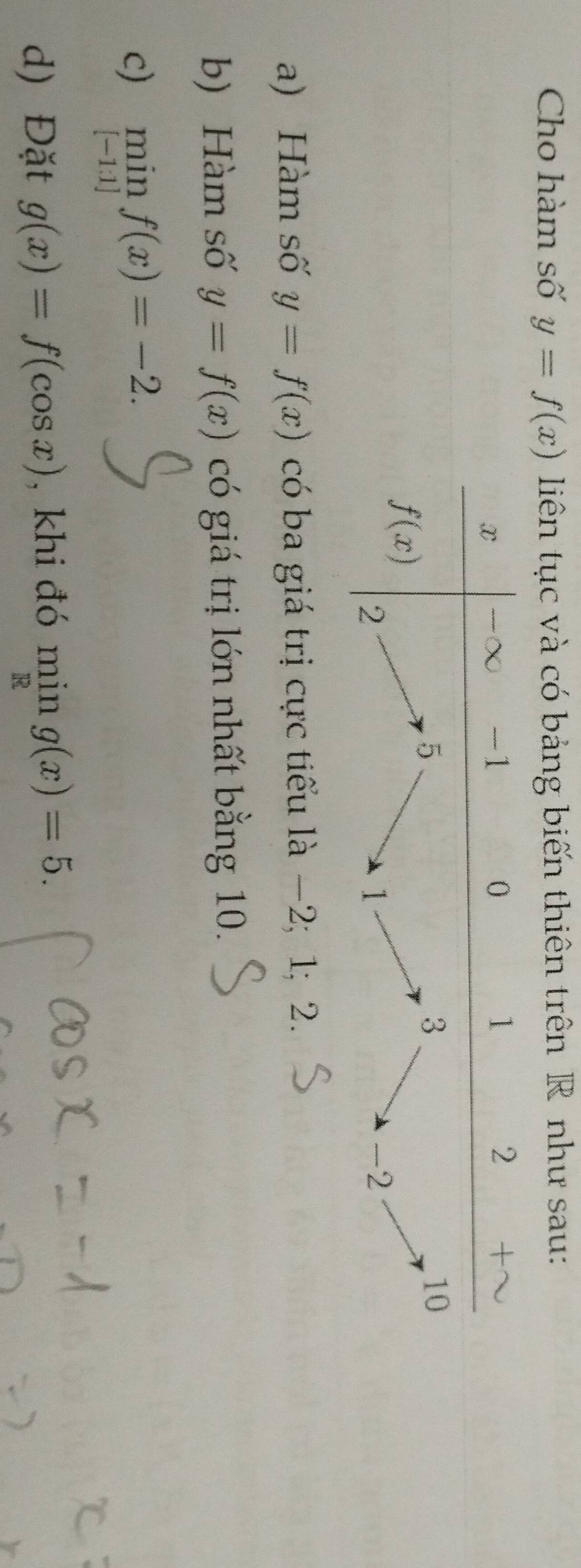 Cho hàm số y=f(x) liên tục và có bảng biến thiên trên R như sau:
a) Hàm số y=f(x) có ba giá trị cực tiểu là −2; 1; 2.
b) Hàm số y=f(x) có giá trị lớn nhất bằng 10.
c) min_1f(x)=-2.
d) Đặt g(x)=f(cos x) , khi đó ming(x)=5.