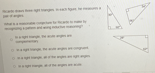 Solved: Ricardo draws three right triangles. In each figure, he ...