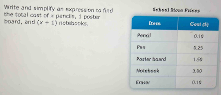 Write and simplify an expression to find School Store Prices 
the total cost of x pencils, 1 poster 
board, and (x+1) notebooks.