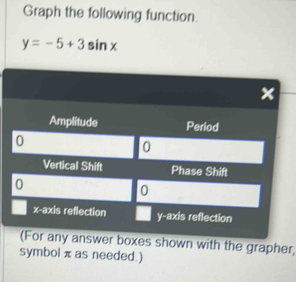 Graph the following function.
y=-5+3sin x
× 
Amplitude Period
0
0
Vertical Shift Phase Shift
0
0
x-axis reflection y-axis reflection 
(For any answer boxes shown with the grapher, 
symbol π as needed.)