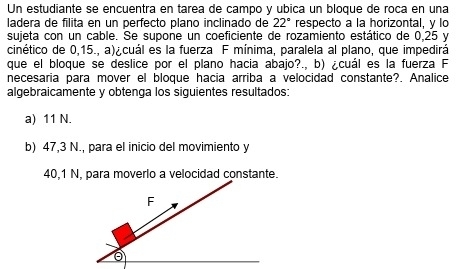 Un estudiante se encuentra en tarea de campo y ubica un bloque de roca en una 
ladera de filita en un perfecto plano inclinado de 22° respecto a la horizontal, y lo 
sujeta con un cable. Se supone un coeficiente de rozamiento estático de 0,25 y 
cinético de 0,15., a)¿cuál es la fuerza F mínima, paralela al plano, que impedirá 
que el bloque se deslice por el plano hacia abajo?., b) ¿cuál es la fuerza F 
necesaria para mover el bloque hacia arriba a velocidad constante?. Analice 
algebraicamente y obtenga los siguientes resultados: 
a) 11 N. 
b) 47,3 N., para el inicio del movimiento y
40,1 N, para moverlo a velocidad constante. 
F