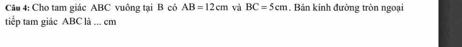 Cho tam giác ABC vuông tại B có AB=12cm và BC=5cm. Bán kính đường tròn ngoại 
tiếp tam giác ABC là ... cm