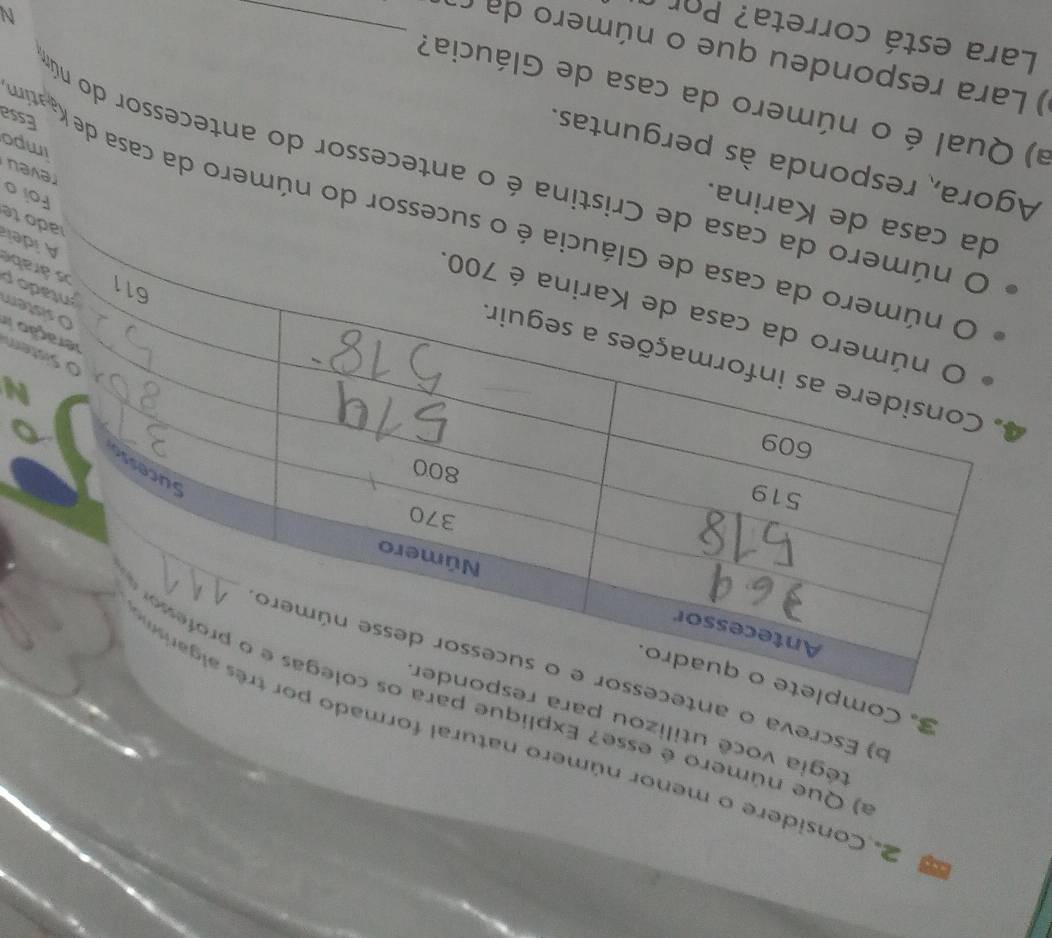 Considere o menor número natural formad 
tégia você utilizou pa 
a) Que número é esse? Explique 
3. Com 
b) Escreva o an 
em 
o em 
o p 
be 
dei 
casa de Karina. 
ado te 
ia é o sucessor do número da casa de Katn 
Foi o 
casa de Cristina é o antecessor do antecessor do núm 
reveu 
Agora, responda às perguntas. 
impo 
Essa 
a) Qual é o número da casa de Gláucia? 
) Lara respondeu que o número d ca_ 
Lara está correta? Por 
N