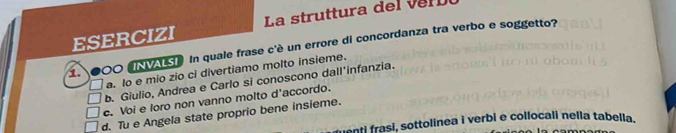 La stru ttura d e l r 
ESERCIZI In quale frase c'è un errore di concordanza tra verbo e soggetto?
1. 0O INVALSI
a. Io e mio zio ci divertiamo molto insieme.
b. Giulio, Andrea e Carlo si conoscono dall'infanzia.
c. Voi e loro non vanno molto d'accordo.
d. Tu e Angela state proprio bene insieme.
asi, sottolinea i verbi e collocali nella tabella.