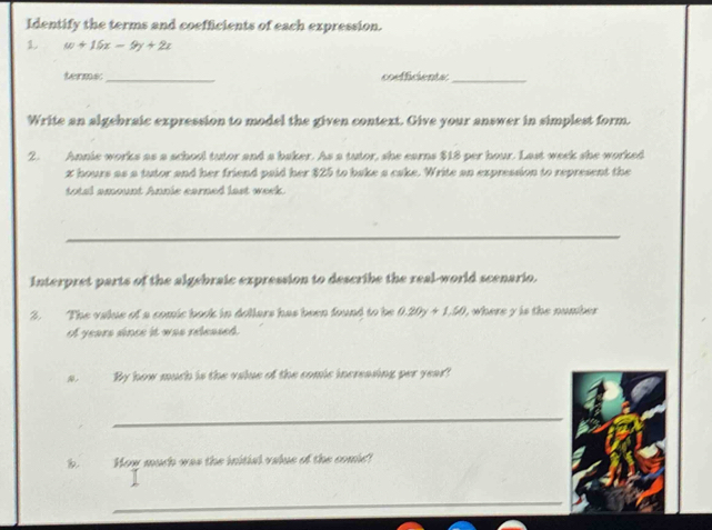 Solved: Identify the terms and coefficients of each expression. 1. w+ ...