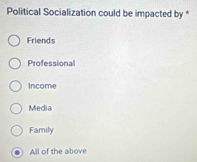 Political Socialization could be impacted by *
Friends
Professional
Income
Media
Family
All of the above