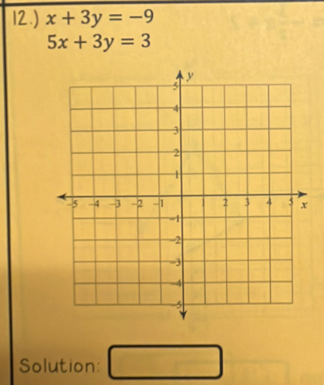 12.) x+3y=-9
5x+3y=3
Solution: □