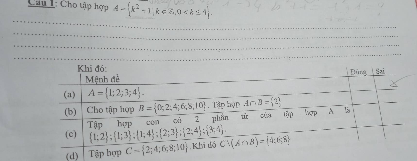 Cho tập hợp A= k^2+1|k∈ Z,0
(d)