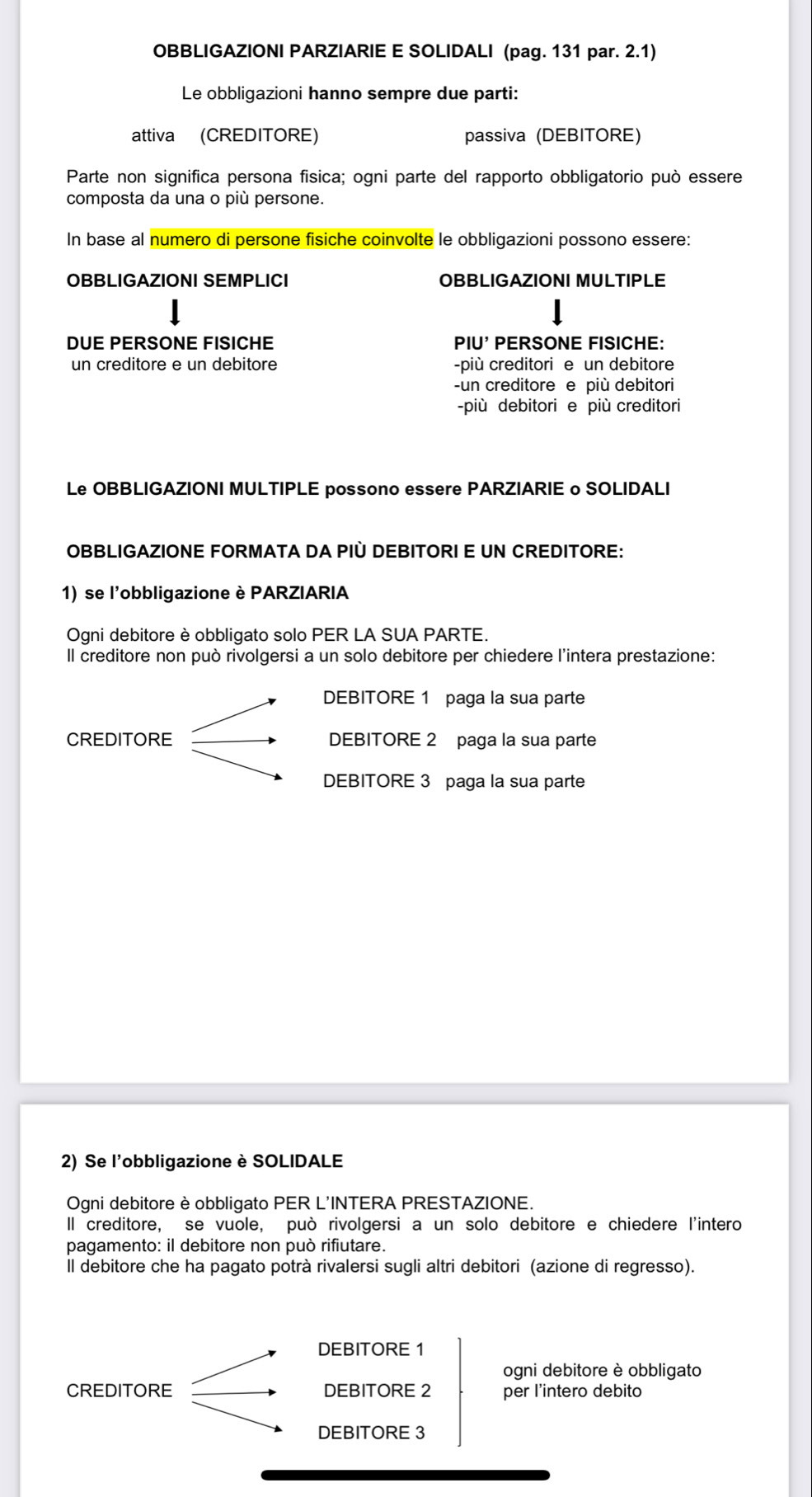 OBBLIGAZIONI PARZIARIE E SOLIDALI (pag. 131 par. 2.1)
Le obbligazioni hanno sempre due parti:
attiva (CREDITORE) passiva (DEBITORE)
Parte non significa persona fisica; ogni parte del rapporto obbligatorio può essere
composta da una o più persone.
In base al numero di persone fisiche coinvolte le obbligazioni possono essere:
OBBLIGAZIONI SEMPLICI OBBLIGAZIONI MULTIPLE
DUE PERSONE FISICHE PIU' PERSONE FISICHE:
un creditore e un debitore -più creditori e un debitore
-un creditore e più debitori
-più debitori e più creditori
Le OBBLIGAZIONI MULTIPLE possono essere PARZIARIE o SOLIDALI
OBBLIGAZIONE FORMATA DA PIÈ DEBITORI E UN CREDITORE:
1) se l'obbligazione è PARZIARIA
Ogni debitore è obbligato solo PER LA SUA PARTE.
Il creditore non può rivolgersi a un solo debitore per chiedere l'intera prestazione:
DEBITORE 1 paga la sua parte
CREDITORE DEBITORE 2 paga la sua parte
DEBITORE 3 paga la sua parte
2) Se l'obbligazione è SOLIDALE
Ogni debitore è obbligato PER L'INTERA PRESTAZIONE.
Il creditore, se vuole, può rivolgersi a un solo debitore e chiedere l'intero
pagamento: il debitore non può rifiutare.
ll debitore che ha pagato potrà rivalersi sugli altri debitori (azione di regresso).
DEBITORE 1
ogni debitore è obbligato
CREDITORE DEBITORE 2 per l'intero debito
DEBITORE 3