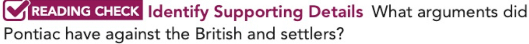 READING CHECK Identify Supporting Details What arguments did 
Pontiac have against the British and settlers?