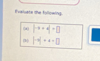 Evaluate the following. 
(a) |-9+4|=□
(b) |-9|+4=□