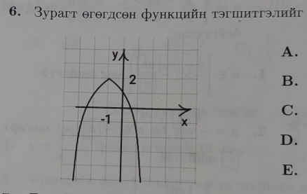 Зурагт θгθгдсон функцийн тэгшитгэлийг
A.
B.
C.
D.
E.