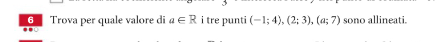 Trova per quale valore di a∈ R i tre punti (-1;4), (2;3), (a;7) sono allineati.