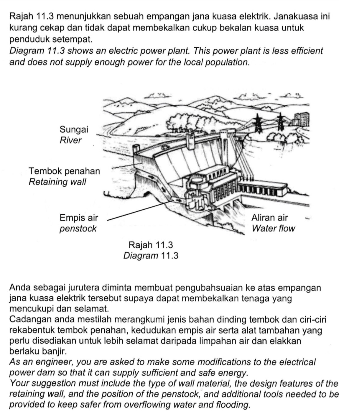 Rajah 11.3 menunjukkan sebuah empangan jana kuasa elektrik. Janakuasa ini 
kurang cekap dan tidak dapat membekalkan cukup bekalan kuasa untuk 
penduduk setempat. 
Diagram 11.3 shows an electric power plant. This power plant is less efficient 
and does not supply enough power for the local population. 
Anda sebagai jurutera diminta membuat pengubahsuaian ke atas empangan 
jana kuasa elektrik tersebut supaya dapat membekalkan tenaga yang 
mencukupi dan selamat. 
Cadangan anda mestilah merangkumi jenis bahan dinding tembok dan ciri-ciri 
rekabentuk tembok penahan, kedudukan empis air serta alat tambahan yang 
perlu disediakan untuk lebih selamat daripada limpahan air dan elakkan 
berlaku banjir. 
As an engineer, you are asked to make some modifications to the electrical 
power dam so that it can supply sufficient and safe energy. 
Your suggestion must include the type of wall material, the design features of the 
retaining wall, and the position of the penstock, and additional tools needed to be 
provided to keep safer from overflowing water and flooding.