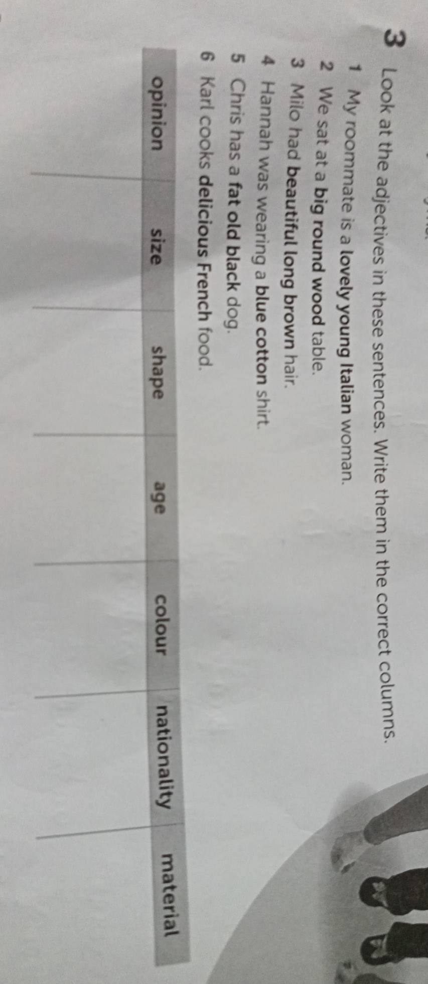 Look at the adjectives in these sentences. Write them in the correct columns. 
1 My roommate is a lovely young Italian woman. 
2 We sat at a big round wood table. 
3 Milo had beautiful long brown hair. 
4 Hannah was wearing a blue cotton shirt. 
5 Chris has a fat old black dog. 
6 Karl cooks delicious French food.