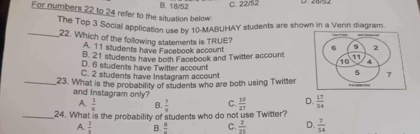 B. 18/52
C. 22/52 D. 28/52
For numbers 22 to 24 refer to the situation below:
The Top 3 Social application use by 10 -MABUHAY students are shown in a Venn diagram.
_22. Which of the following statements is TRUE?
A. 11 students have Facebook account
B. 21 students have both Facebook and Twitter account
D. 6 students have Twitter account
C. 2 students have Instagram account 
_23. What is the probability of students who are both using Twitter
and Instagram only?
C.
A.  1/6  B.  7/9   10/27 
D.  17/54 
_24. What is the probability of students who do not use Twitter?
D.
A.  1/3  B.  8/a  C.  2/25   7/54 