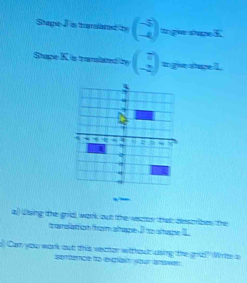 Stape Jis translaredty beginpmatrix -5 -4endpmatrix tto grive stapee K
Strape K is transiated by beginpmatrix 7 -2endpmatrix a grive stape IL

a) Using the grd, work out the weton that dsnbes the
carsation from shape I a shape I
Can your work out this vecter witthout using the grid" Write a
de too dea dem e