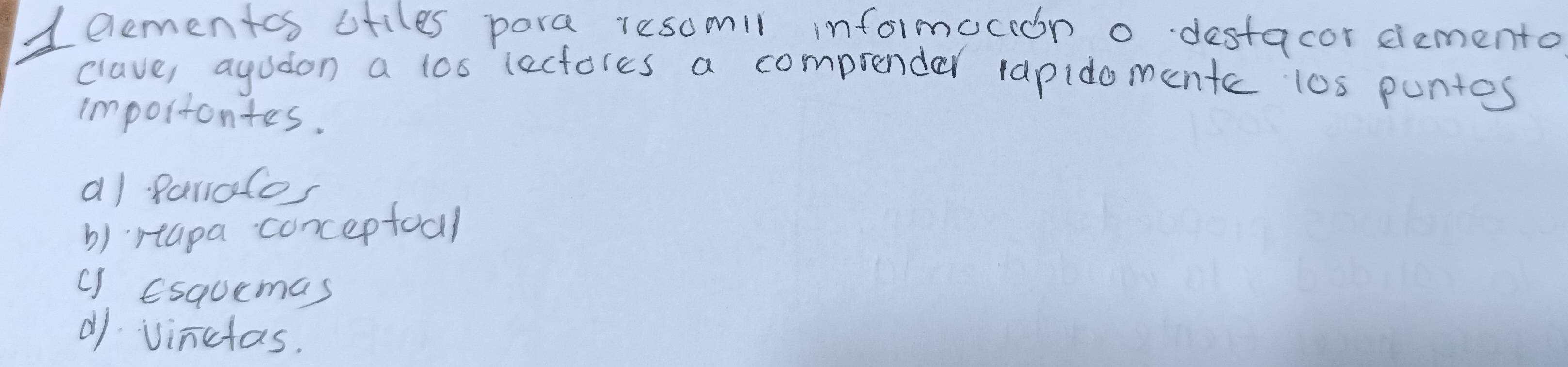 eementos stiles pora resomil informocion o destacor diementa
clave, agudon a los lectores a comprender lapidomentc 10s puntes
importantes.
al Parator
b) rtapa conceptoal
() esqucmas
vinctas.