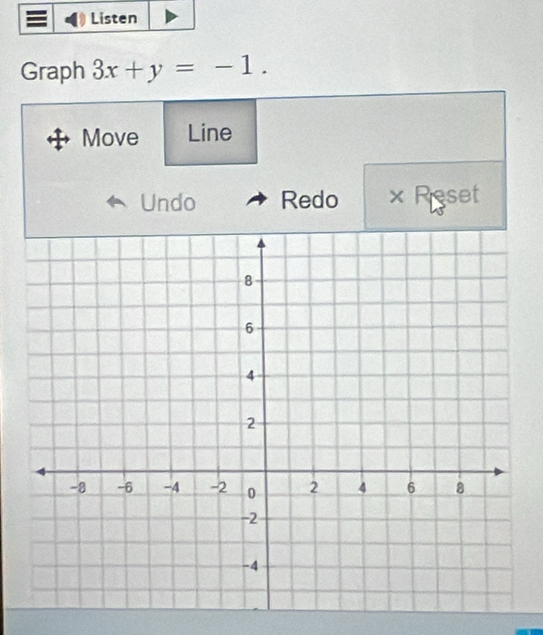 Graph 3x+y=-1. 
Move Line 
Undo Redo x Reset