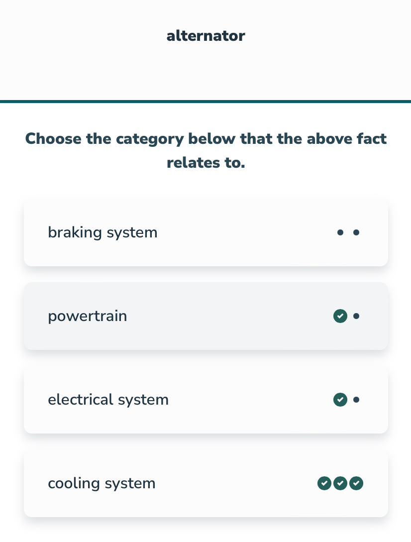 alternator
Choose the category below that the above fact
relates to.
braking system
powertrain
electrical system
cooling system