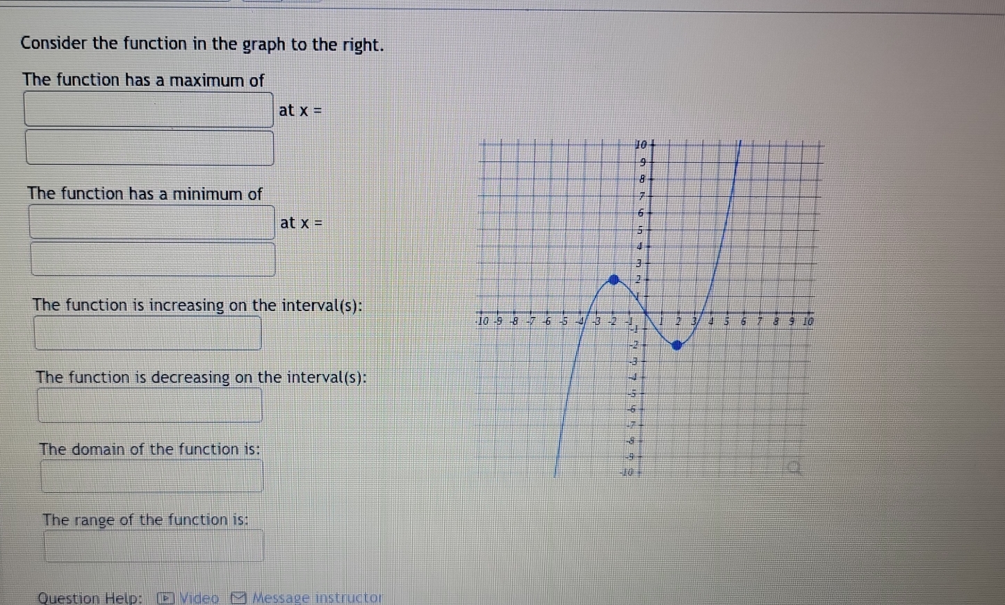 Consider the function in the graph to the right. 
The function has a maximum of 
_  atx=
=□° □  
The function has a minimum of 
at x=
The function is increasing on the interval(s): 
The function is decreasing on the interval(s): 
The domain of the function is: 
The range of the function is: 
Question Help: Vídeo Message instructor