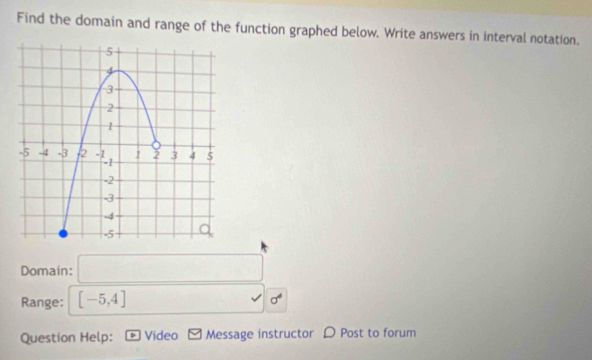 Find the domain and range of the function graphed below. Write answers in interval notation. 
Domain: □ 
Range: [-5,4]... surd sigma
Question Help: Video Message instructor D Post to forum