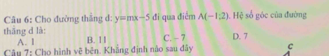 Cho đường thắng d: y=mx-5 đi qua điểm A(-1;2). Hệ số góc của đường
thắng d là:
A. 1 B. 11 C. -7 D. 7
Câu 7: Cho hình vẽ bên. Khẳng định nảo sau đây C