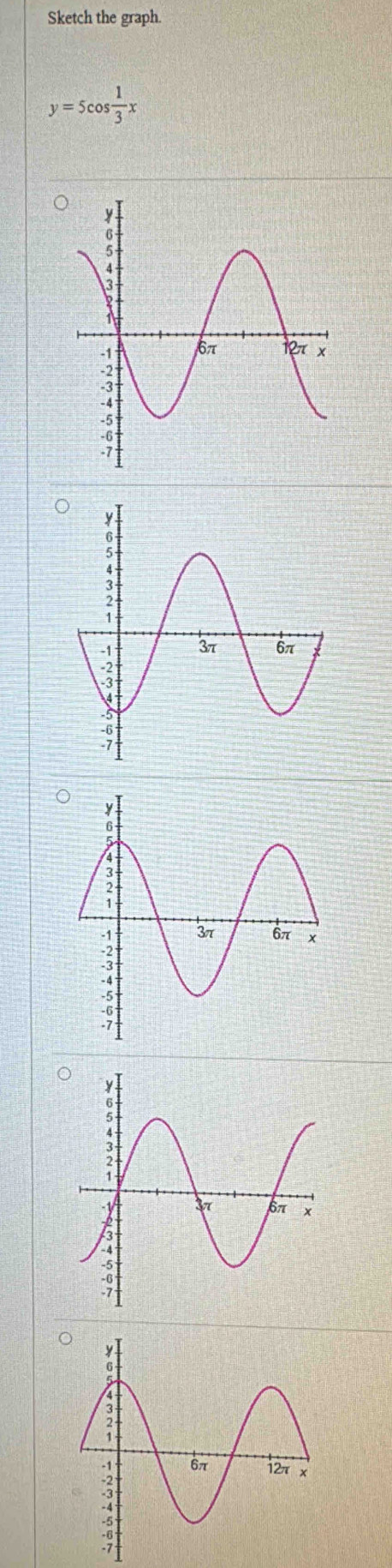 Sketch the graph.
y=5cos  1/3 x
。