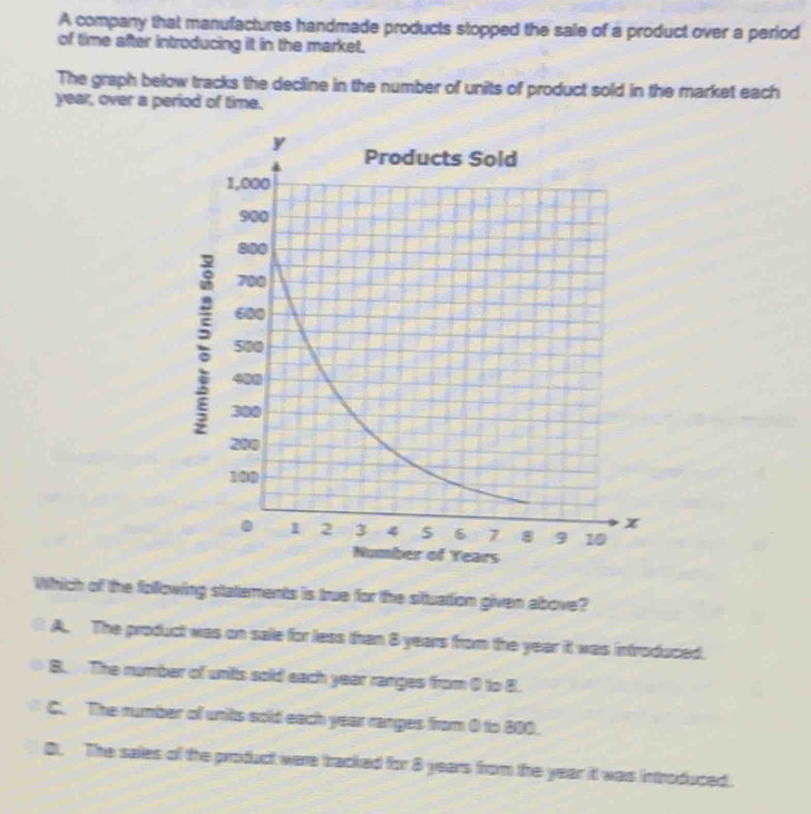 A company that manufactures handmade products stopped the sale of a product over a period
of time after introducing it in the market.
The graph below tracks the decline in the number of units of product sold in the market each
year, over a period of time.
Which of the following statements is true for the situation given above?
A. The product was on sale for less than 8 years from the year it was introduced.
B. The number of units sold each year ranges from 0 to 8.
C. The number of units sold each year ranges from 0 to 800.
0. The sales of the product were tracked for 8 years from the year it was introduced.