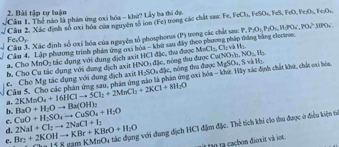 Bài tập tự luận
Câu 1. Thể nào là phản ứng oxi hóa - khử? Lấy ba thi dụ.
Câu 2. Xác định số oxi hóa của nguyên tổ ion (Fe) trong các chất sau: Fe,FeCl_3,FeSO_4,FeS,FeO,Fe_2O_3,Fe_3O_4,
A Xác định số oxi hóa của nguyên tổ phosphorus (P) trong các chất sau: P,
Fe_1O_y.
Câu 4. Lập phương trình phản ứng oxi hóa - khủ sau đây theo phương pháp thăng bằng electron: P_2O_3,P_2O_5, S_2PO_4,PO_4^((3-)MPO_4).
a. Cho MnO_2 tác dụng với dung dịch axit HCI đặc, thu được MnCl_2,Cl_2vaH_2. Cu(NO_3)_2,NO_2,H_2.
b. Cho Cu tác dụng với dung dịch axit HNO_3
c. Cho Mg tác dụng với dung dịch axit H_2SO_4 đặc, nóng thu được  đặc, nóng thu được MgSO_4,SvaH_2.
Câu 5. Cho các phân ứng sau, phản ứng nào là phản ứng oxi hóa - khứ, Hãy xác định chất khứ, chất oxi hóa
a. 2KMnO_4+16HClto 5Cl_2+2MnCl_2+2KCl+8H_2O
b.
c. CuO+H_2SO_4to CuSO_4+H_2O BaO+H_2Oto Ba(OH)_2
2.158g im KMnO4 tác dụng với dung dịch HCl đậm đặc. Thể tích khí clo thu được ở điều kiện từ
d.
e. Br_2+2KOHto KBr+KBrO+H_2O 2NaI+Cl_2to 2NaCl+I_2
at to ra cacbon đioxit và iot.