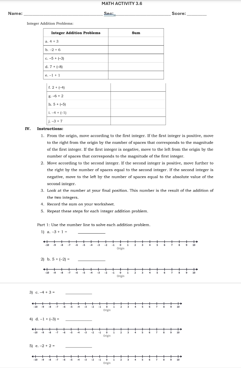 MATH ACTIVITY 3.6
Name: _Sec:_
_Score:_
Integer Addition Problems:
IV. Instructions:
1. From the origin, move according to the first integer. If the first integer is positive, move
to the right from the origin by the number of spaces that corresponds to the magnitude
of the first integer. If the first integer is negative, move to the left from the origin by the
number of spaces that corresponds to the magnitude of the first integer.
2. Move according to the second integer. If the second integer is positive, move further to
the right by the number of spaces equal to the second integer. If the second integer is
negative, move to the left by the number of spaces equal to the absolute value of the
second integer.
3. Look at the number at your final position. This number is the result of the addition of
the two integers.
4. Record the sum on your worksheet.
5. Repeat these steps for each integer addition problem.
Part 1: Use the number line to solve each addition problem.
1) a -3+1= _
2) b. 5+(-2)= _
3) c.-4+3= _
4) d.-1+(-3)= _
5) e.-2+2= _