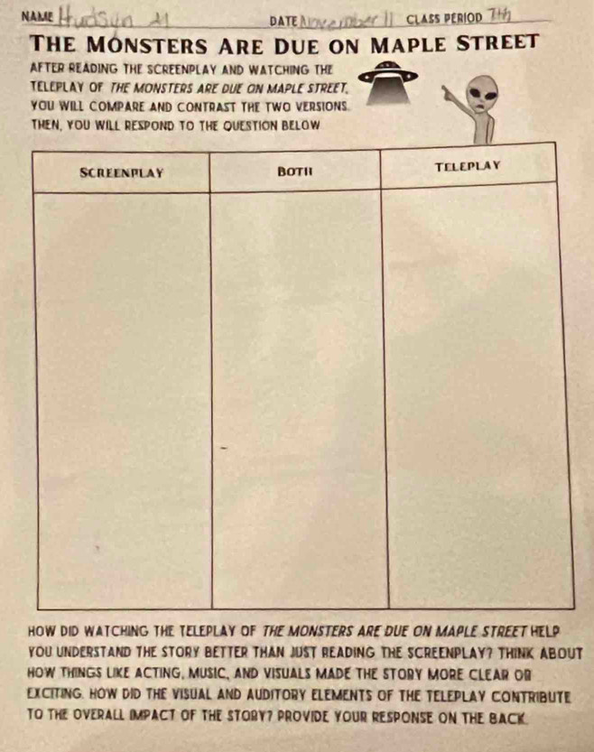 NAME DATE CLASS PERIOD 7 
The Monsters Are Due on Maple Street 
AFTER READING THE SCREENPLAY AND WATCHING THE 
TELEPLAY OF THE MONSTERS ARE DUE ON MAPLE STREET. 
YOU WILL COMPARE AND CONTRAST THE TWO VERSIONS. 
then, you will respond to the Question below 
hoW DiD WatchiNG THE TELePLAy oF tHe MOnSTerS ArE DUE ON MAPLE STrEET HELp 
yoU UNDERSTAND THE STORY BETTER THAN JUST READING THE SCREENPLAY? THINK ABOUT 
HOW THINGS LIKE ACTING, MUSIC, AND VISUALS MADE THE STORY MORE CLEAR OR 
eXCITing. HOW DID THE VISUAL AND AUDITORY ELEMENTS OF THE TELEPLAY CONTRIBUTE 
TO THE OVERALL IMPACT OF THE STORY? PROVIDE YOUR RESPONSE ON THE BACK.