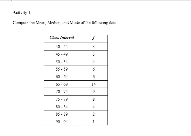 Activity 1 
Compute the Mean, Median, and Mode of the following data.