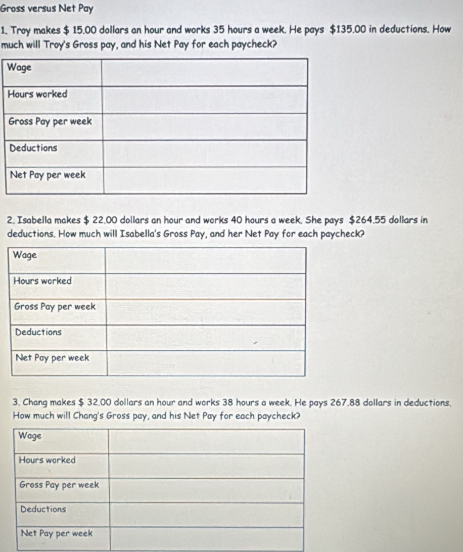 Gross versus Net Pay 
1. Troy makes $ 15.00 dollars an hour and works 35 hours a week. He pays $135.00 in deductions. How 
much will Troy's Gross pay, and his Net Pay for each paycheck? 
2. Isabella makes $ 22,00 dollars an hour and works 40 hours a week. She pays $264.55 dollars in 
deductions. How much will Isabella's Gross Pay, and her Net Pay for each paycheck? 
3. Chang makes $ 32,00 dollars an hour and works 38 hours a week. He pays 267,88 dollars in deductions. 
How much will Chang's Gross pay, and his Net Pay for each paycheck?