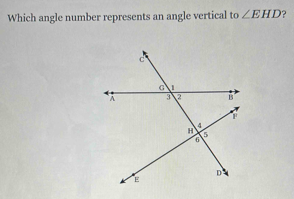 Which angle number represents an angle vertical to ∠ EHD ?