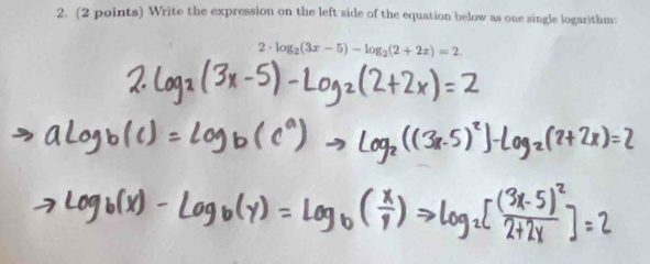 Write the expression on the left side of the equation below as one single logarithm:
2· log _2(3x-5)-log _2(2+2x)=2.