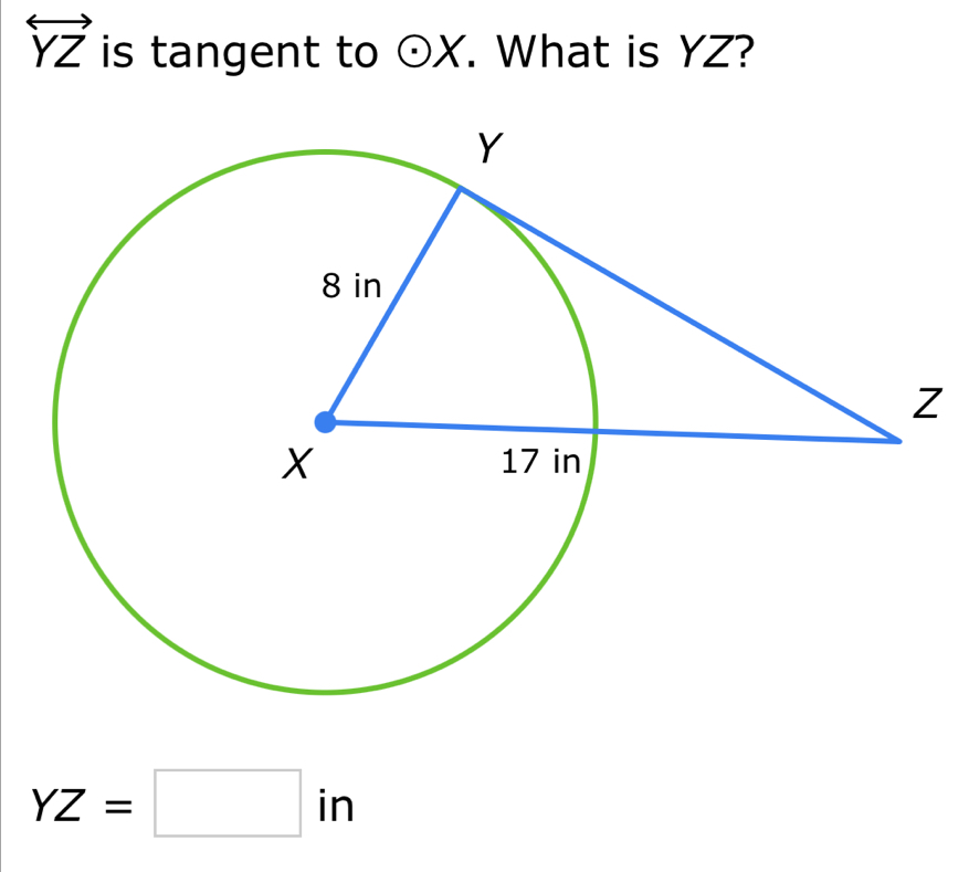 overleftrightarrow YZ is tangent to odot X. What is YZ?
YZ=□ i in