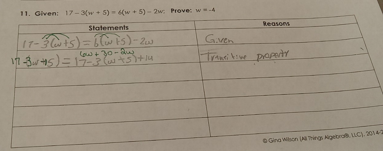 17-3(w+5)=6(w+5)-2w; Prove: w=-4
4 -2